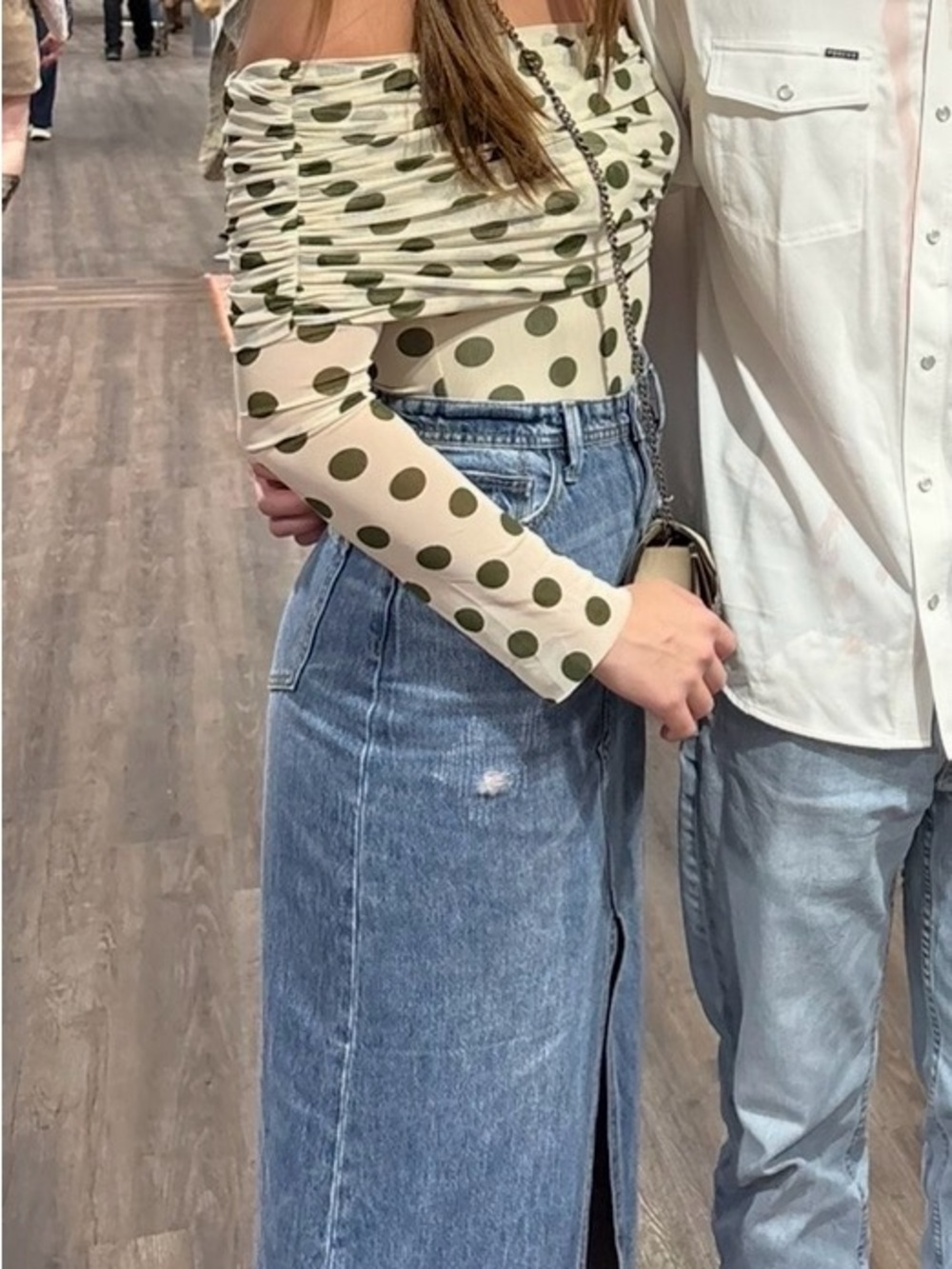 AFRM Olive Dot Off-Shoulder Mesh Top